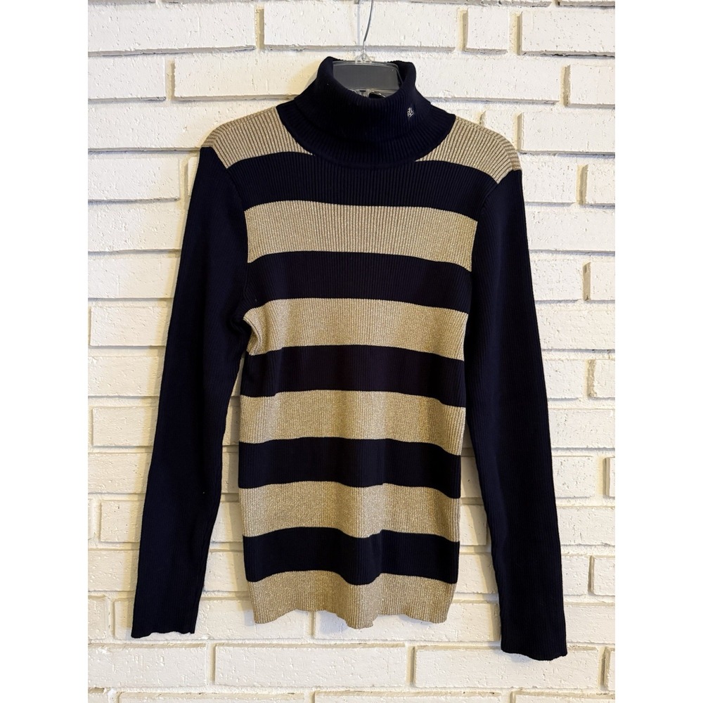 Lauren Ralph Lauren Black & Metallic Gold Striped Ribbed Turtleneck Sweater Sz L